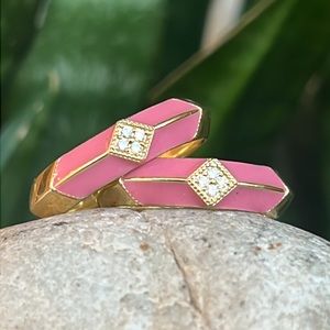 18 karat gold, diamond, and pink enamel rings